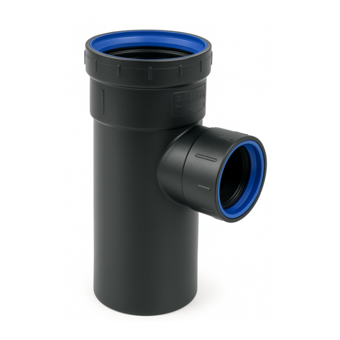 PP t-stuk zwart 2 x manchet / spie 75 mm x 50 mm 90°